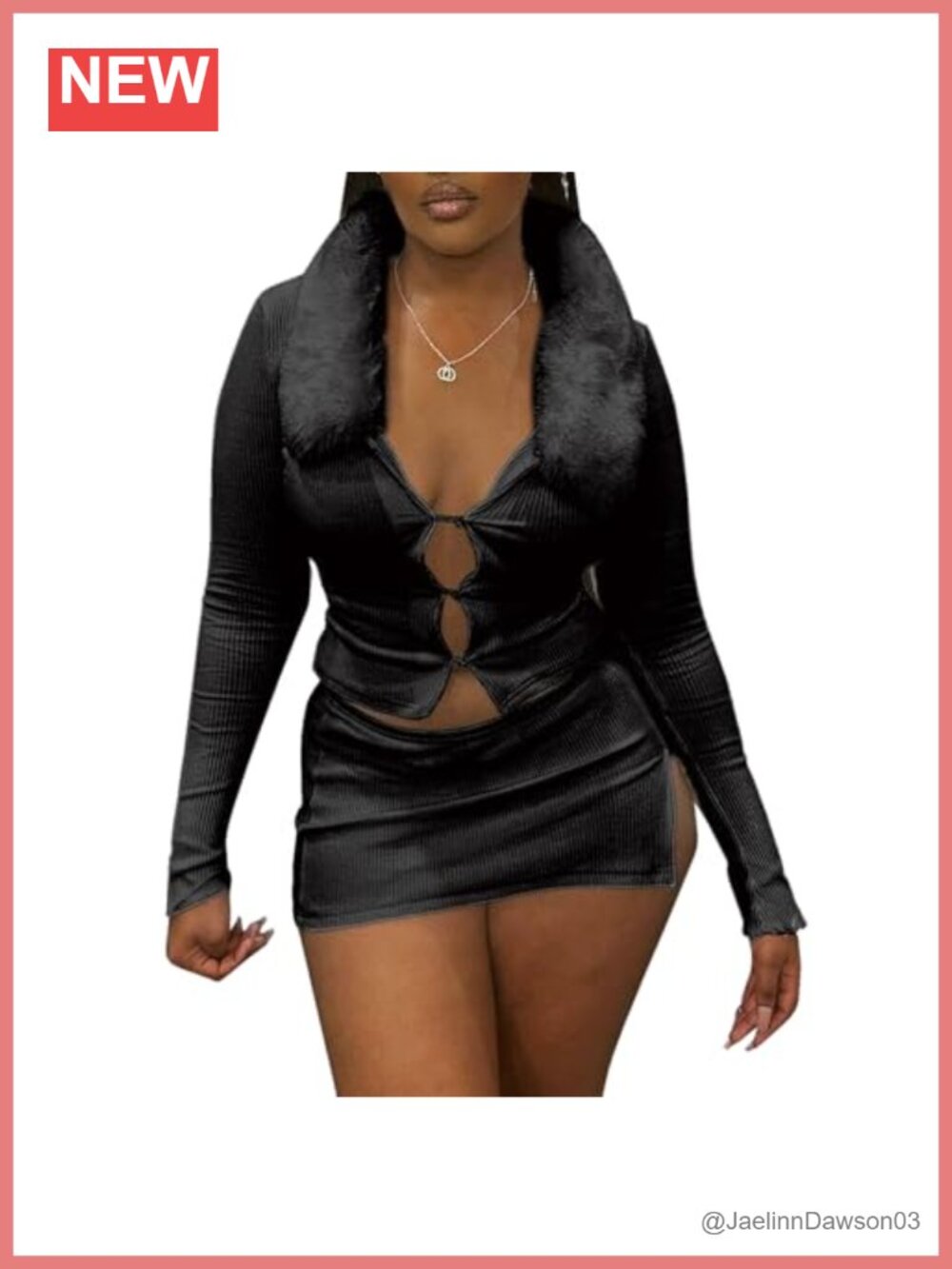 Women 2 Piece Faux Fur Trim Tie Front Cardigan & Mini Skirt Set Rave Party